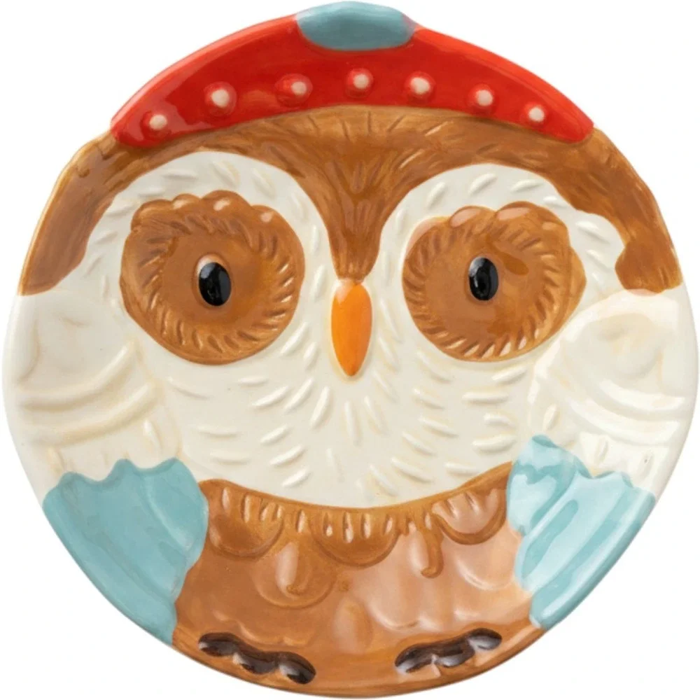 Set of 2 Owl Earthenware Salad Plates Brown Red Teal Woodland Bird Whimsical